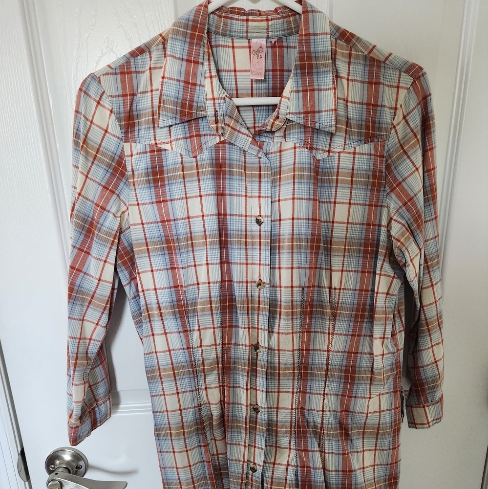 Plaid Button up Tunic sz XL Dolled Up by FANG